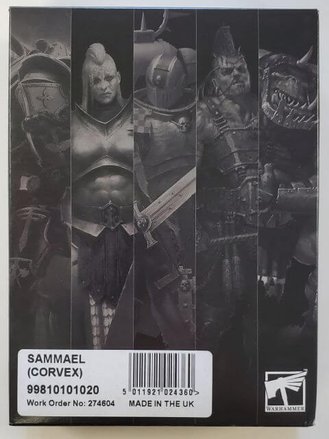 Packaging for Dark Angels Sammael miniature kit featuring black and white images of the character on a box with a barcode and product information.