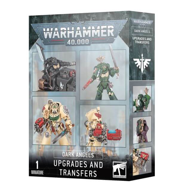 Packaging for Warhammer 40,000 Dark Angels Upgrades and Transfers, displaying various miniature figures with different equipment and poses.