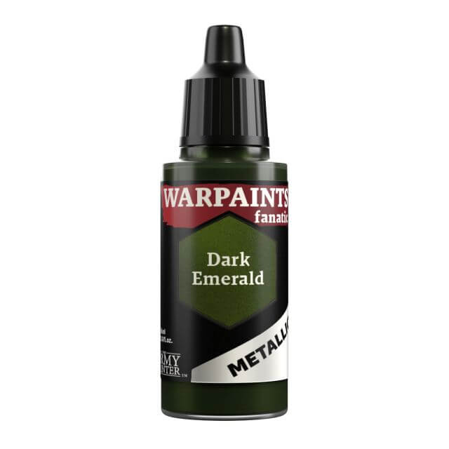 A bottle of Warpaints Fanatic Metallic paint in Dark Emerald color, with branding and product information on the label.