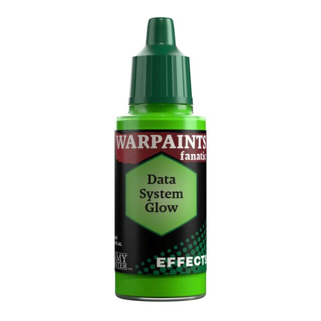 A bottle of Warpaints Fanatic Effects: Data System Glow craft paint in a green color, designed for creating glowing effects on miniature models.