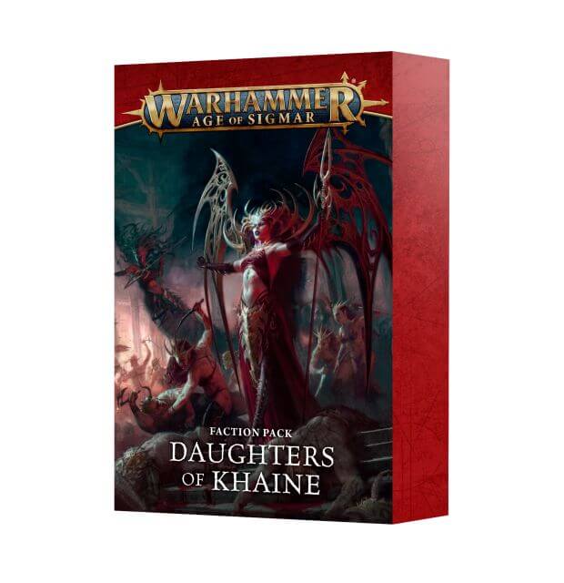 Packaging for Warhammer Age of Sigmar Daughters of Khaine Faction Pack featuring illustrated cards with fantasy creatures.