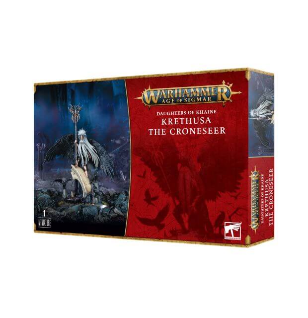 Warhammer: Age of Sigmar
Packaging for the model Daughters of Khaine Krethusa the Croneseer on white background.