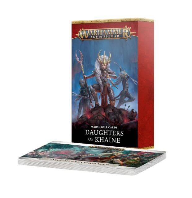 Warhammer Age of Sigmar game box with card pack titled 'Daughters of Khaine' on a white background