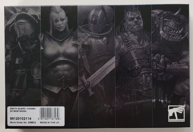 A product image showing a 20-piece plastic kit for creating characters from the Warhammer 40,000 series, specifically the Death Guard faction. The image features illustrations of a plaguecaster, blightbringer, and plague marine.