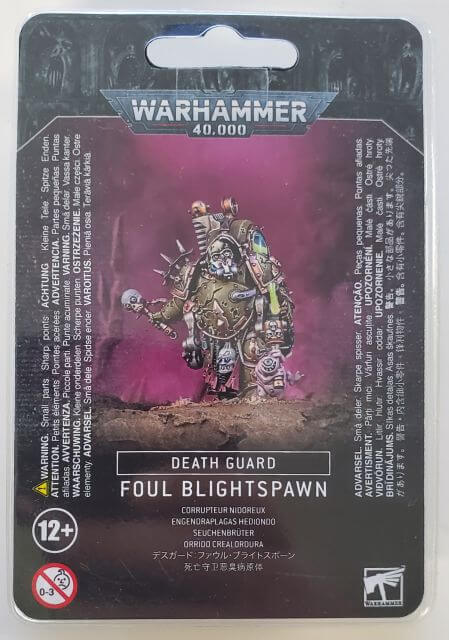 Packaging for Warhammer 40,000 Death Guard Foul Blightspawn miniature, featuring the assembled and painted model on the front.
