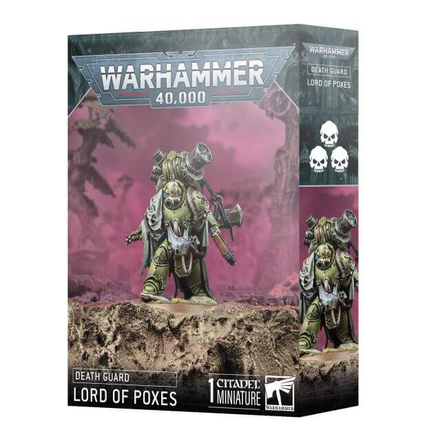 Warhammer 40,000 Death Guard Lord of Poxes miniature figure packaging on a white background