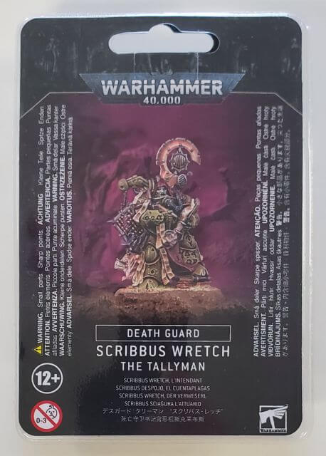 Packaging for Warhammer 40,000 Death Guard Scribbus Wretch, the Tallyman. The product is displayed on a card with details and an image of the assembled model.