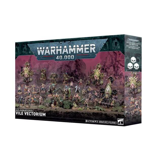 Warhammer 40,000 game box with miniature figures on a white background