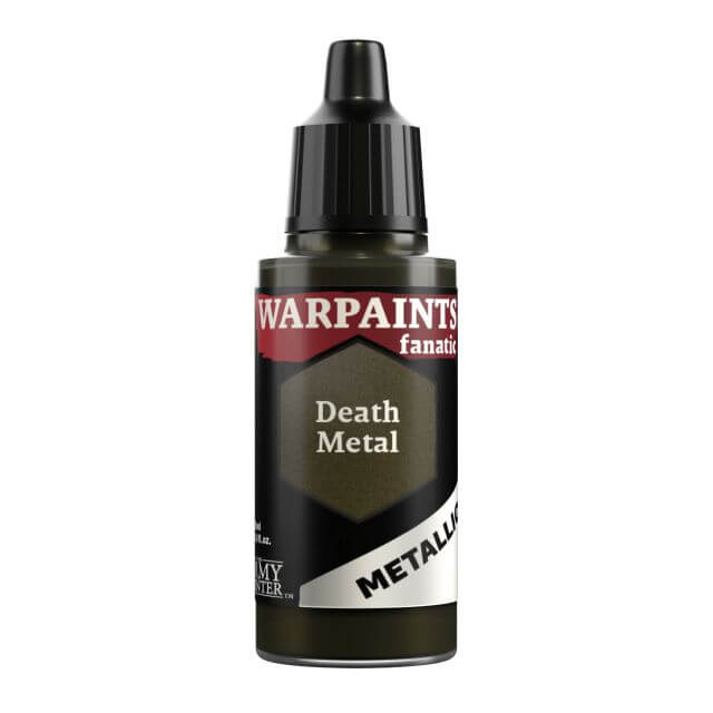 A bottle of Warpaints Fanatic Metallic craft paint in the color Death Metal, which is a deep green-brown metallic.