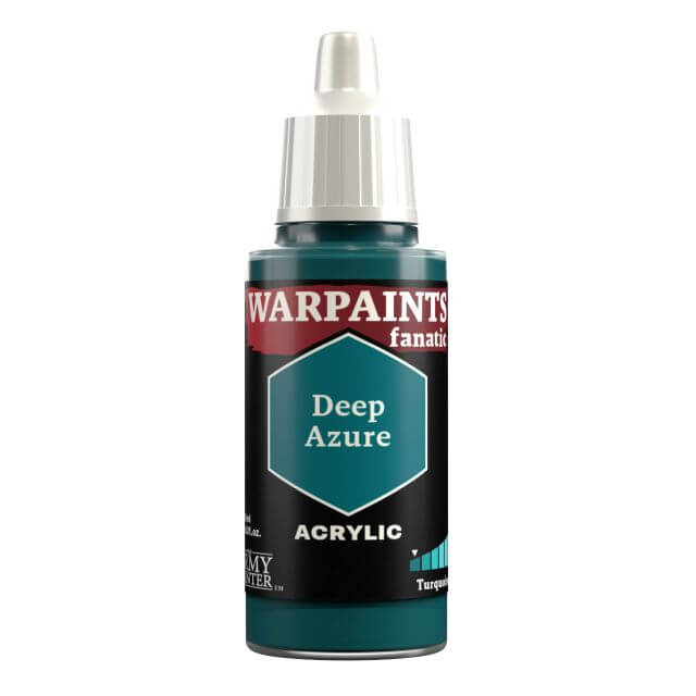 A bottle of Warpaints Fanatic acrylic paint in Deep Azure color.