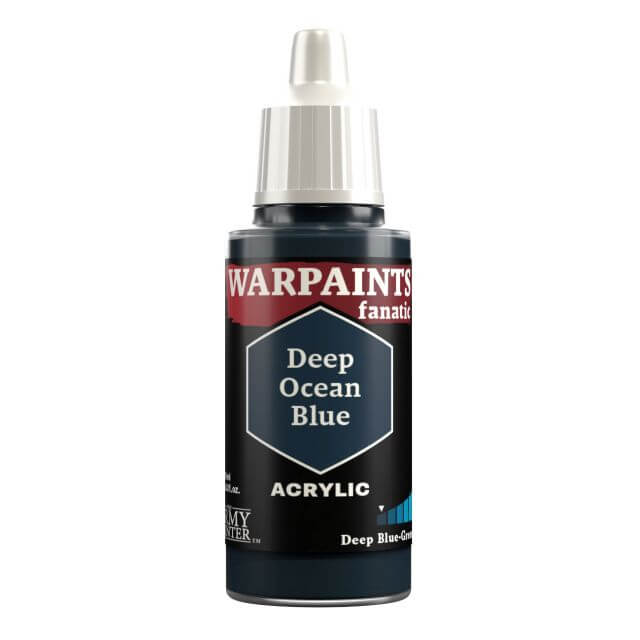 A bottle of Warpaints Fanatic Deep Ocean Blue acrylic paint.