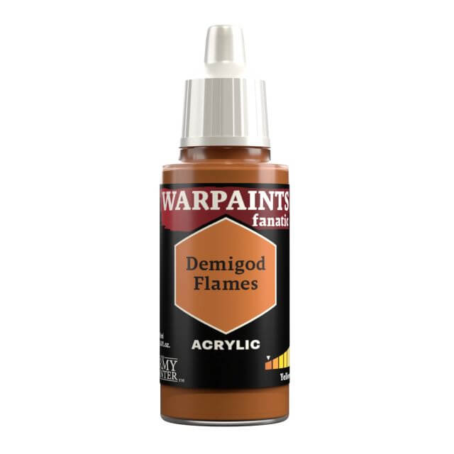 A bottle of Warpaints Fanatic acrylic paint in the shade 'Demigod Flames', which is a deep orange yellow color.