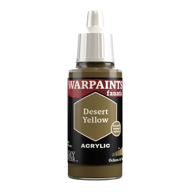 A bottle of Warpaints Fanatic Desert Yellow acrylic paint.