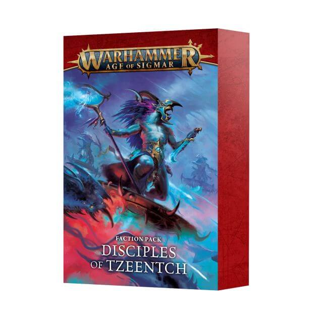 A boxed set of Warhammer Age of Sigmar Disciples of Tzeentch Faction Pack cards, featuring a fantasy game character on the cover.