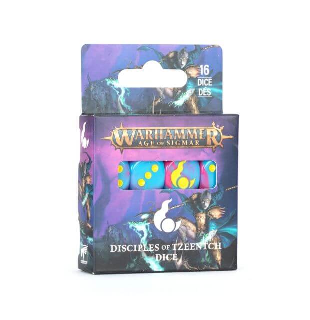 Warhammer Age of Sigmar dice set packaging with dice visible through the clear window.