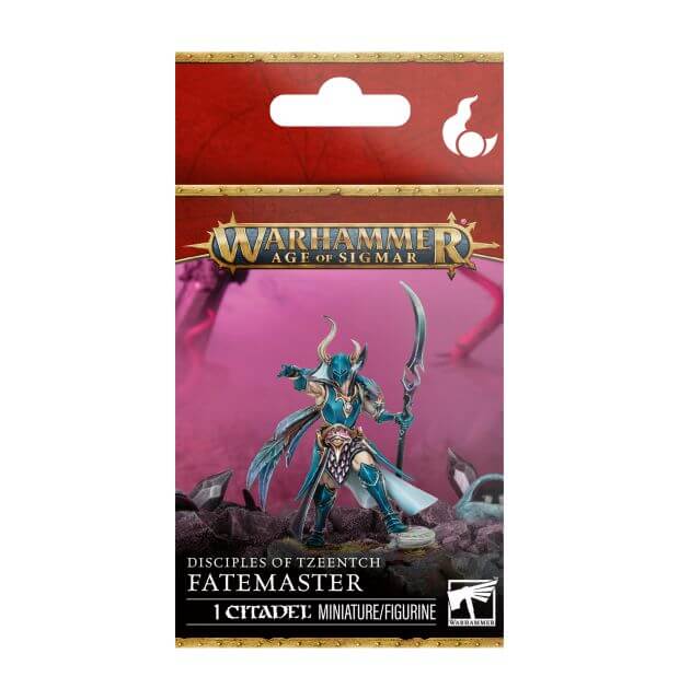 Warhammer Age of Sigmar figurine packaging with character illustration on a red background