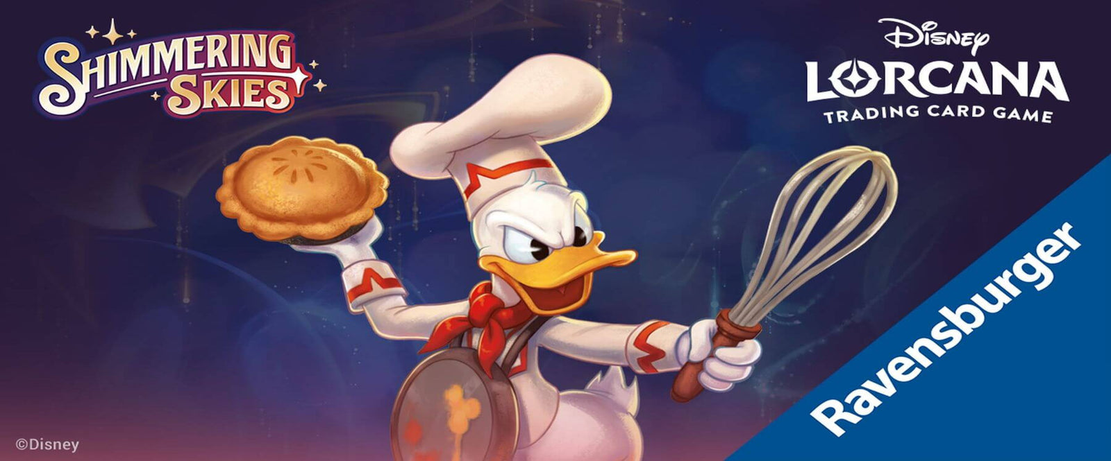 Disney Lorcana TCG showing Donald Duck promoting the set Shimmering Skies.