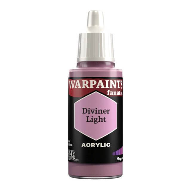 A bottle of Warpaints Fanatic Diviner Light acrylic paint in a purple color.