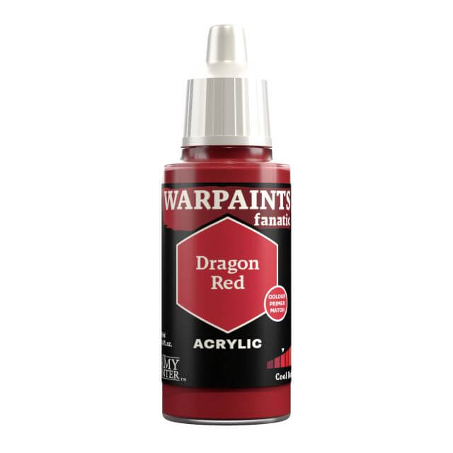 A bottle of Warpaints Fanatic Dragon Red acrylic paint.