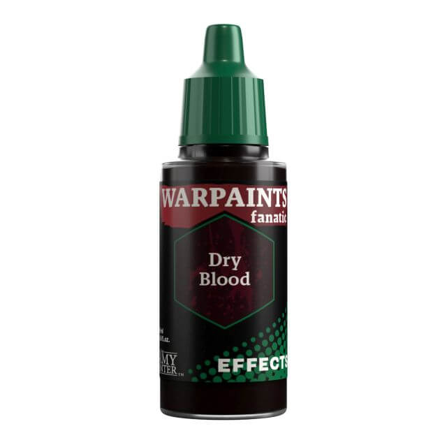 A bottle of Warpaints Fanatic Effect paint Dried Blood, with a green cap.