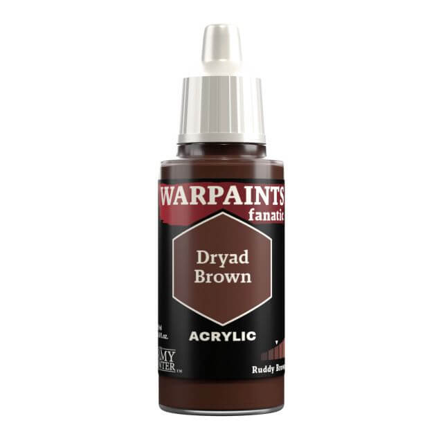 A bottle of Warpaints Fanatic Dryad Brown acrylic paint.