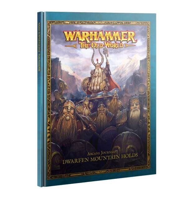Cover of the Warhammer The Old World Dwarfen Mountain Holds Arcane Journal book showcasing a fantasy warrior character on a mountainous background with a dark, foreboding atmosphere.