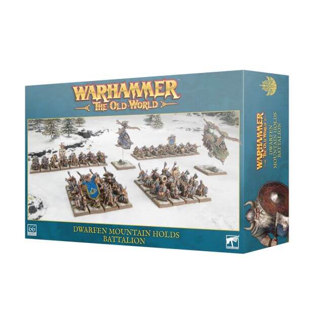 Boxed set of Warhammer The Old World Dwarfen Mountain Holds miniatures, featuring a snowy battlefield with Dwarf warriors, Thunderers, and a Gyrocopter.