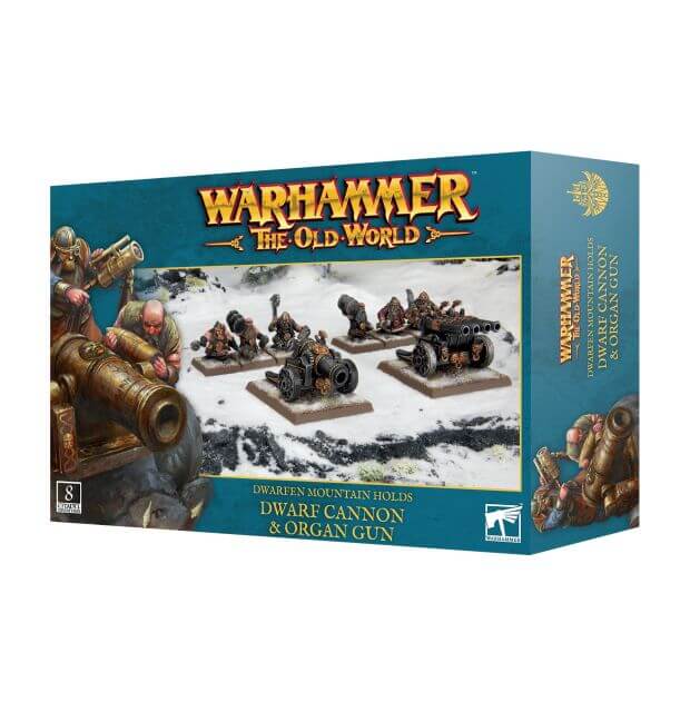 Product image for Warhammer The Old World Dwarfen Mountain Holds Dwarf Cannon and Organ Gun miniature kit, showing the box art with illustrations of the miniatures and their assembled forms on a snowy backdrop.