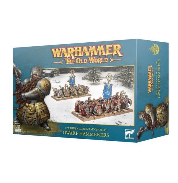 Packaging of the Dwafen Mountain Holds Dwarf Hammerers displaying models ready for battle in a snowy background. 
