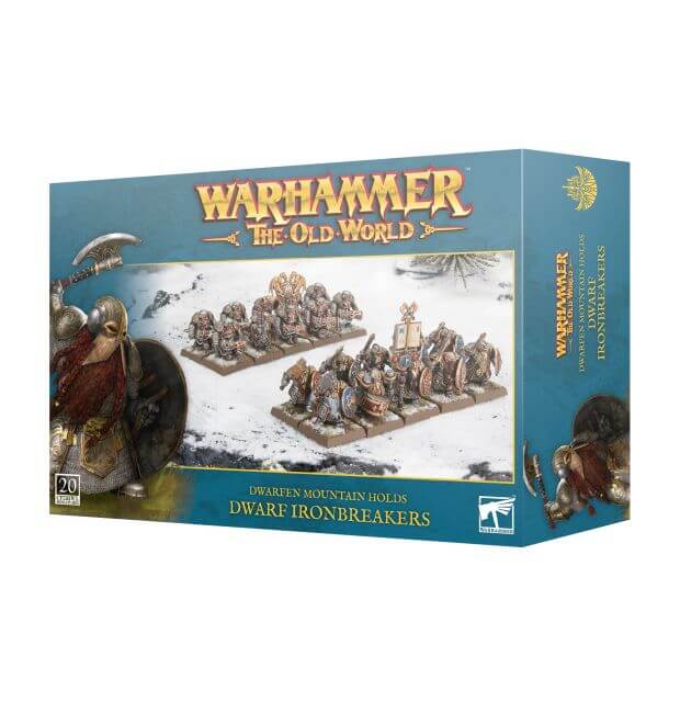 Packaging of the Dwafen Mountain Holds Dwarf Ironbreakers displaying models ready for battle in a snowy background. 