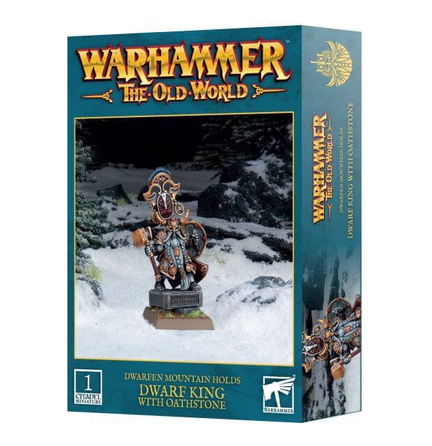 Boxed set of Warhammer The Old World Dwarfen Mountain Holds Dwarf King with Oathstone miniatures, featuring an image of a Dwarf king on a plinth and a snowy landscape.