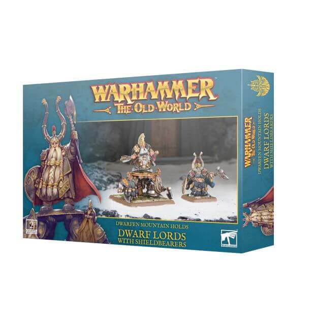 Packaging of the Dwafen Mountain Holds Dwarf Lords displaying models ready for battle in a snowy background. 