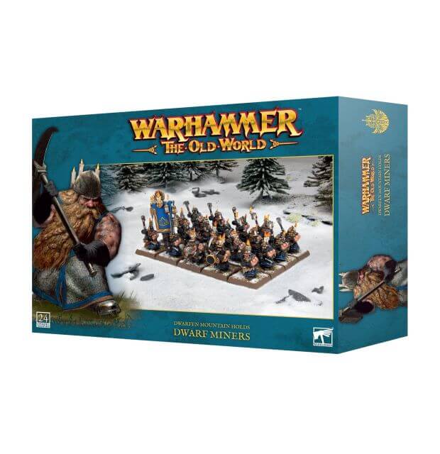 Boxed set of Warhammer The Old World Dwarfen Mountain Holds Dwarf Miners miniatures, featuring an image of a Dwarf Miner with a mining pick, a cart, and a snowy landscape.