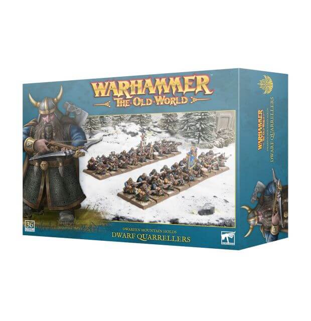 A boxed set of Warhammer The Old World Dwarfen Mountain Holds Dwarf Quarrellers miniatures, featuring a snowy scene with dwarves.