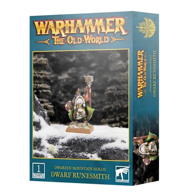 Packaging for Dwarfen Mountain Holds Dwarf Runesmith miniature, featuring a Dwarf Runesmith figure in heavy armour with a choice of two bearded heads, two ritual hammers, and a blazing rune or an ornate tome.