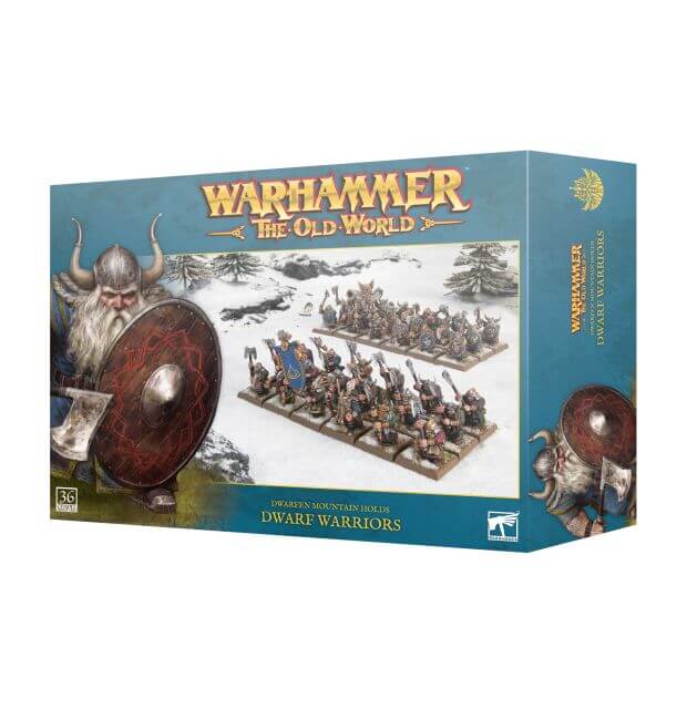 Packaging of the Dwafen Mountain Holds Dwarf Warriors displaying models ready for battle in a snowy background. 