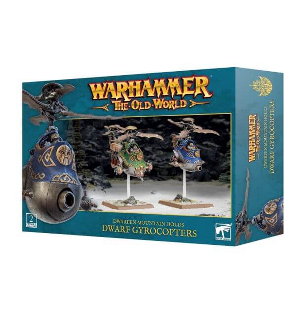 Product packaging for Warhammer The Old World Dwarf Gyrocopters, showing the miniatures inside the box.