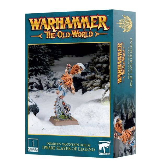 Packaging for Warhammer The Old World Dwarfen Mountain Holds Slayer of Legend miniature, featuring the assembled and painted model on a display stand with a blurred background.
