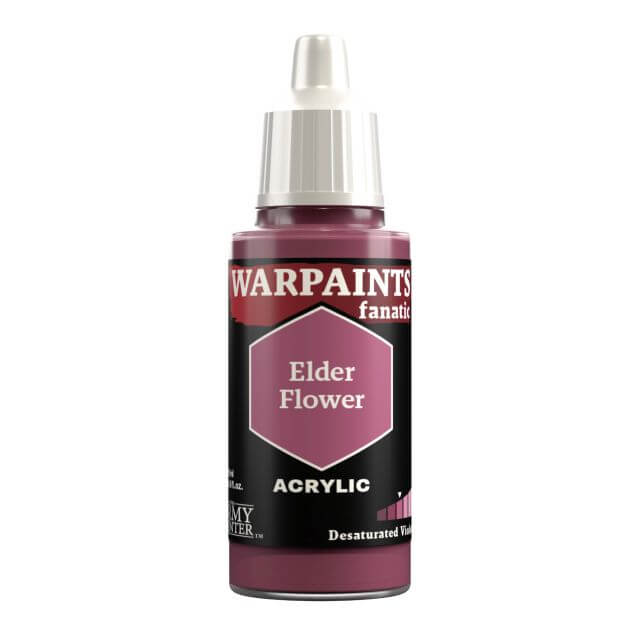 A bottle of Warpaints Fanatic Elder Flower acrylic craft paint in a purplish red shade, with a label that includes the product name and brand.