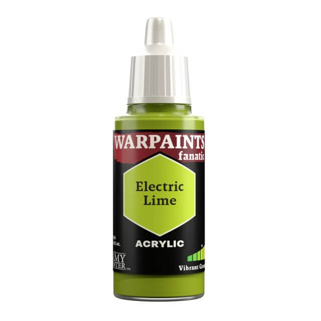A bottle of Warpaints Fanatic Electric Lime acrylic paint.