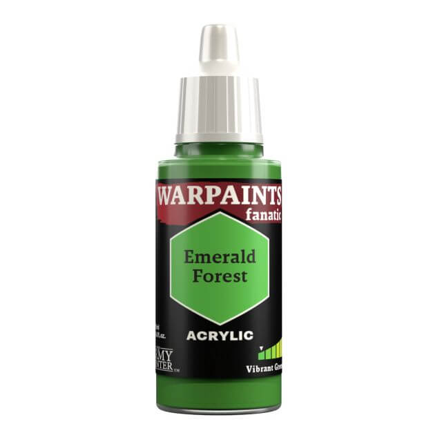 A bottle of Warpaints Fanatic: Emerald Forest acrylic paint in a 18ml container, with a vibrant green label.