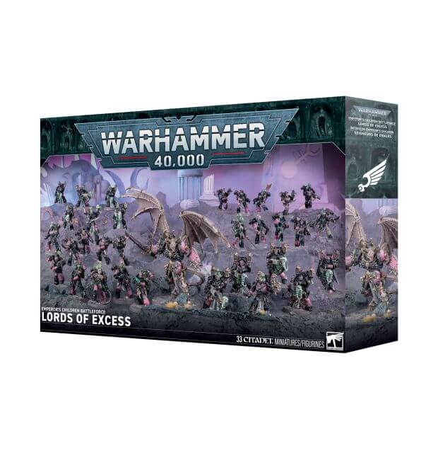 Warhammer 40,000 game box with miniatures and dragon illustration on a white background