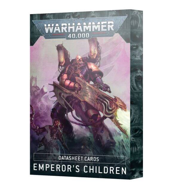 Packaging for Emperor's Children Datasheets for Warhammer 40,000, featuring illustrated battle scenes and a pink metallic edge.