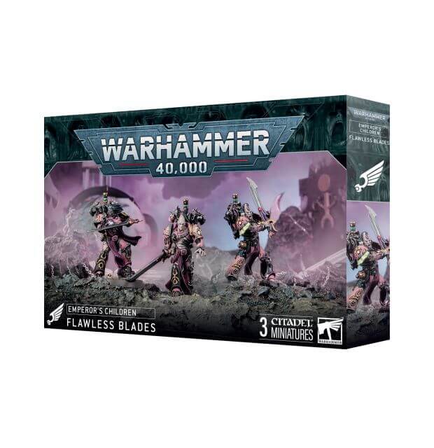 Product packaging for 'Emperor's Children Flawless Blades' featuring miniatures for the Warhammer 40,000 game. The box displays the miniatures in a battle setting and includes information about the kit.