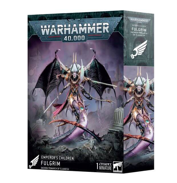 Packaging for Warhammer 40,000 Emperor's Children Daemon Primarch Fulgrim miniature, featuring the assembled and painted model on the front. Model supplied unpainted and unassembled.