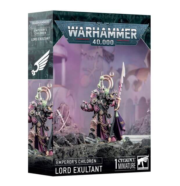 Product packaging for 'Emperor's Children Lords Exultant' featuring a miniature from Warhammer 40,000. The box displays the character with a power sword and plasma pistol, dressed in ornate armor, against a purple-themed backdrop.