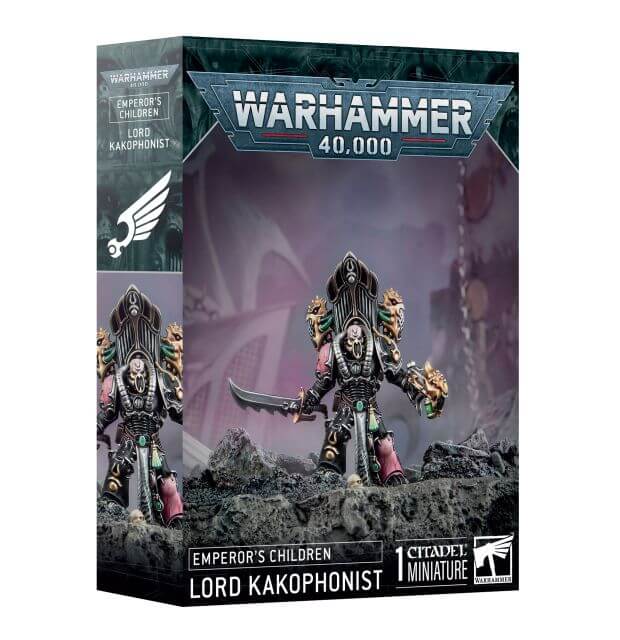 Product packaging for 'Warhammer 40,000: Emperor's Children Lord Kakophonist', featuring an illustration of the miniature and the box art with the Warhammer 40,000 logo.