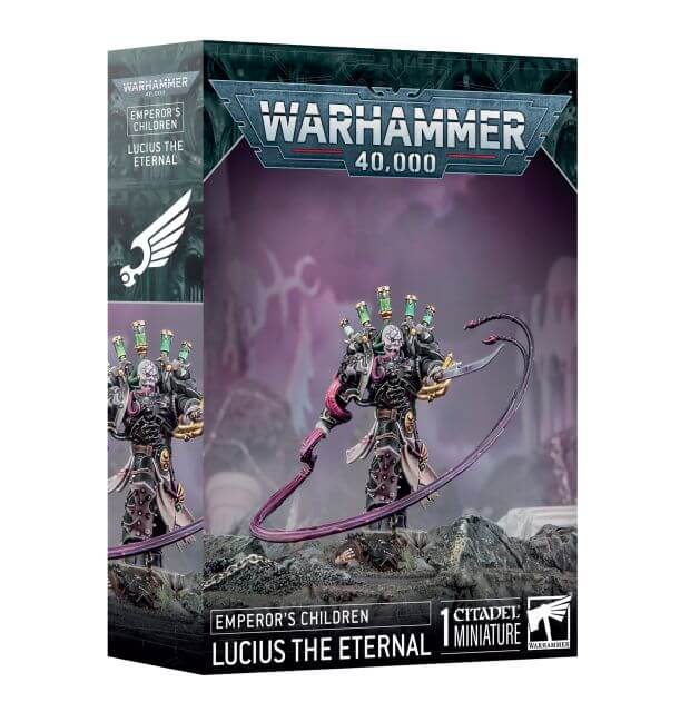 Product packaging for 'Warhammer 40,000: Emperor's Children Lucius the Eternal' featuring an illustration of a malevolent character with a blade and a whip, against a themed backdrop.