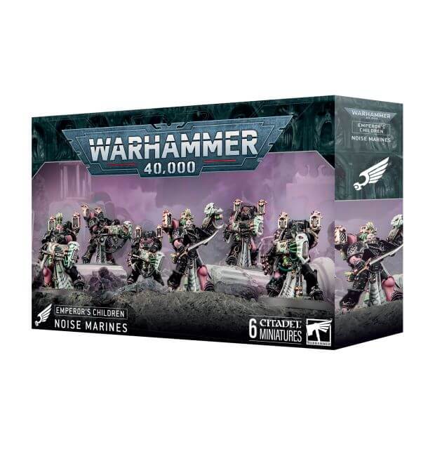 Packaging for 'Emperor's Children Noise Marines' miniature figures for Warhammer 40,000, displaying the box art with painted examples of the miniatures and the name of the unit.