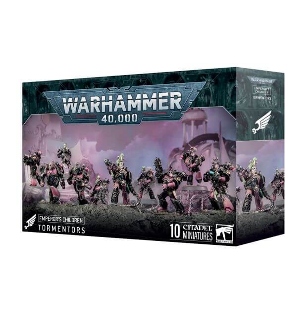 Packaging for Warhammer 40,000 Emperor's Children Tormentors miniatures, showing the models in action poses against a purple and green backdrop.